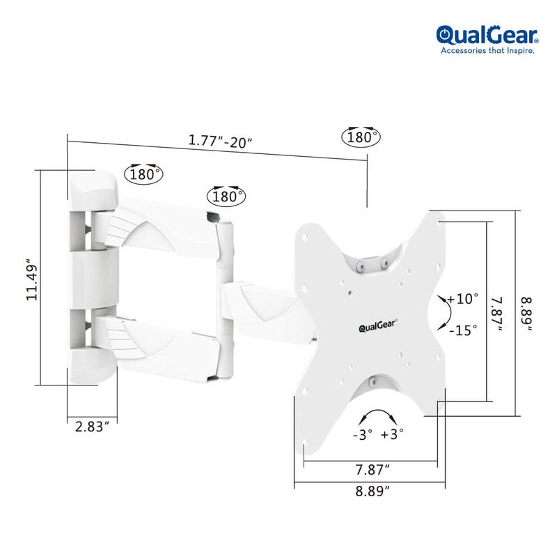 QualGear كوالجير Qg-TM-005-WHT حامل تلفاز حائط بحركة كاملة بتصميم عصري عالي الجودة مقاس 23 إنش إلى 42 إنش، أبيض [معتمد من UL] - Image 3
